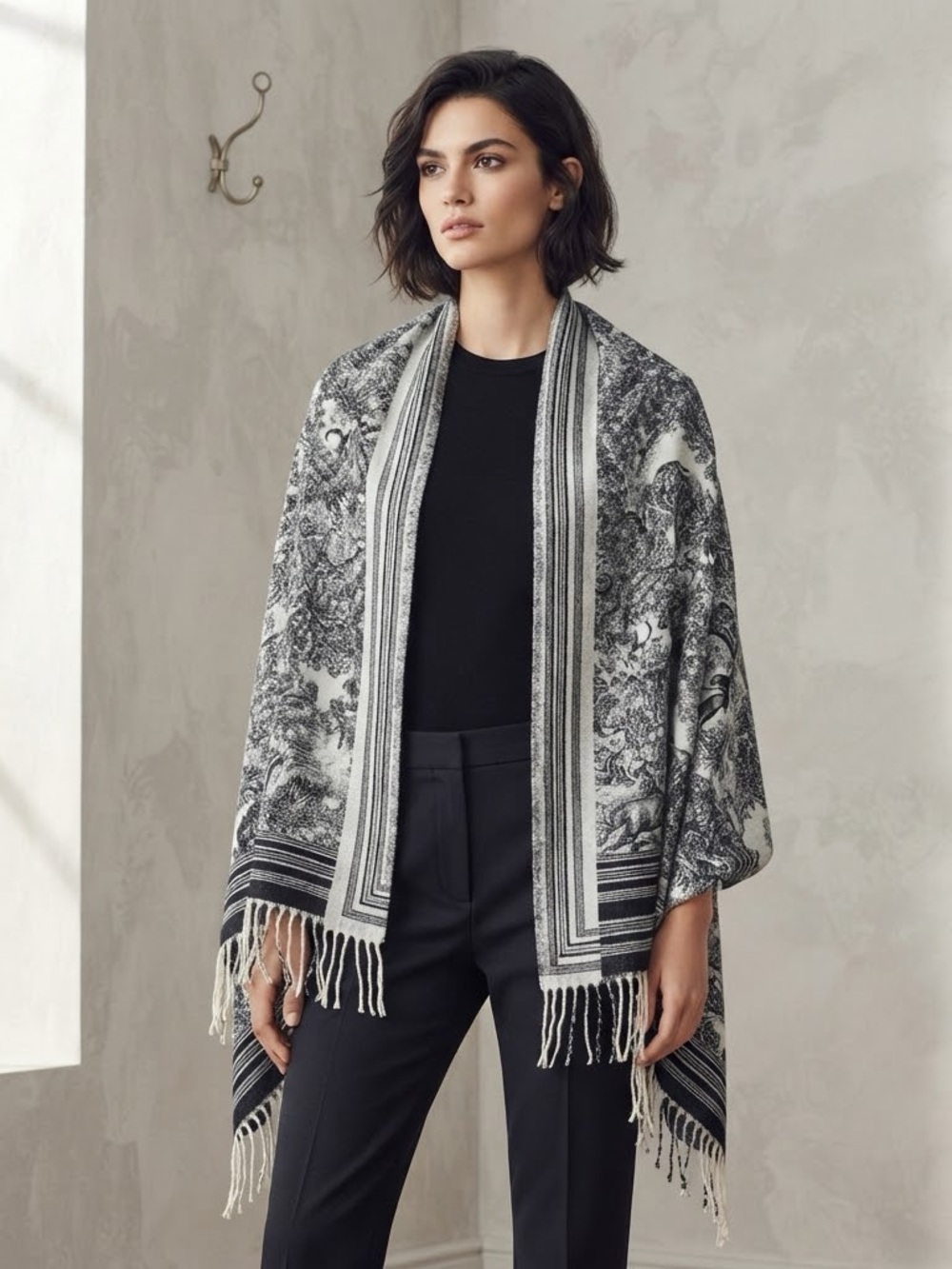 Cashmere and Wool Blend Black and White Tapestry Shawl